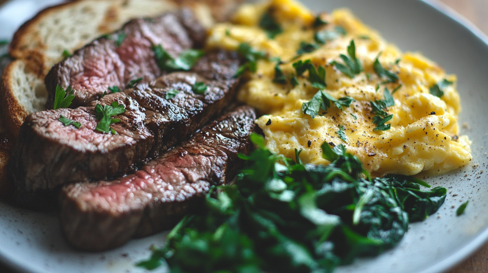 Steak and eggs breakfast with sautéed spinach and toast, a hearty and nutritious morning meal