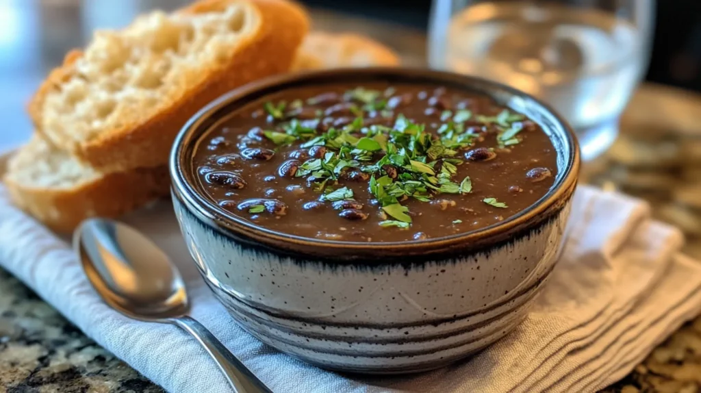 A steaming bowl of purple black bean soup served with bread and a spoon.