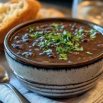 A steaming bowl of purple black bean soup served with bread and a spoon.