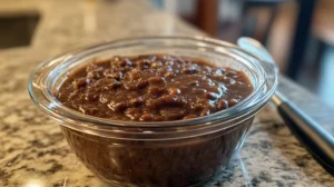 Leftover purple black bean soup stored in a glass container on a kitchen counter.