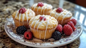 Sweet kefir muffins with icing, served with fresh berries on a decorative plate.