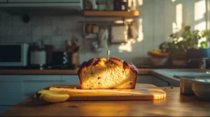 Testing banana bread for doneness with a toothpick in the center of a golden loaf.