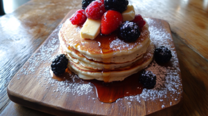 A stack of golden-brown pancakes made with water, topped with berries, maple syrup, and vegan butter