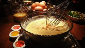 Whisk mixing custard in a glass bowl with fresh crab meat and eggs in the background.