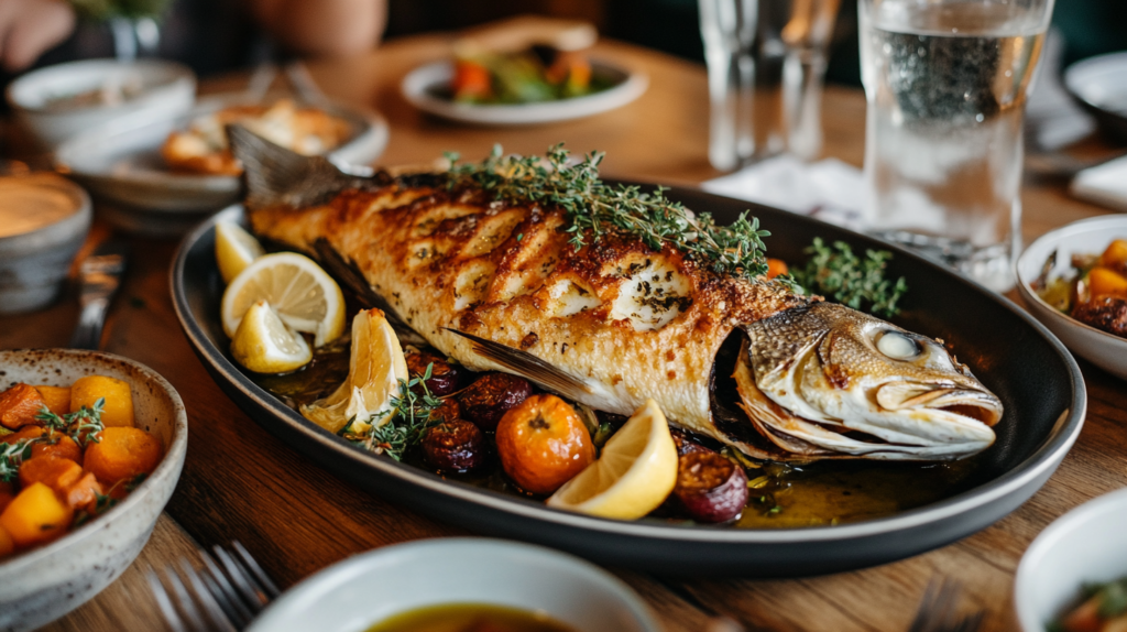 Whole roasted branzino with crispy skin, garnished with lemon and thyme on a rustic table