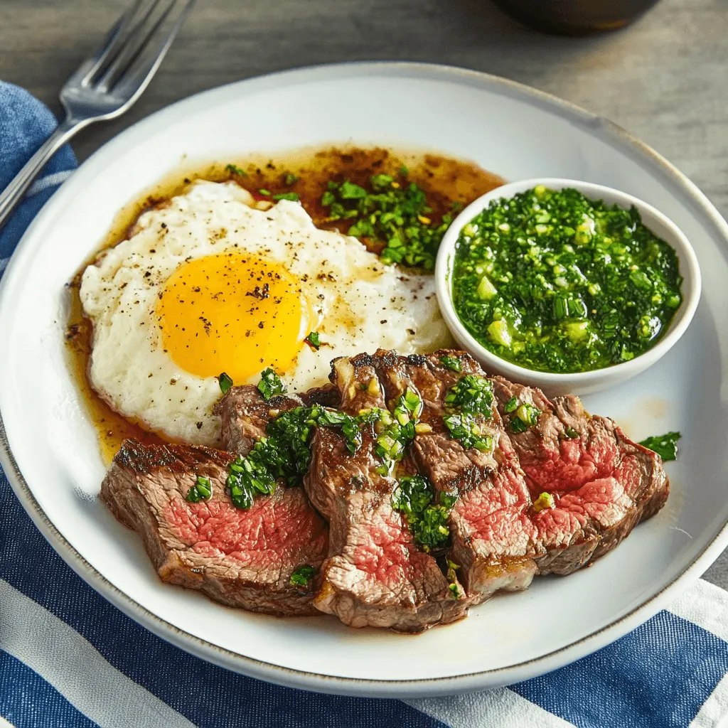 Juicy grilled steak with chimichurri sauce, served alongside a sunny-side-up egg and a bowl of green sauce on a white plate