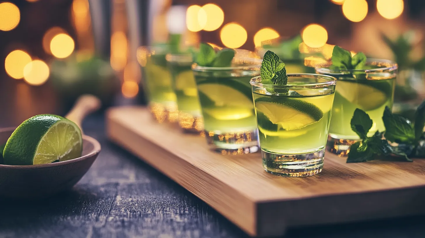 Green Tea Shots garnished with lime wedges on a wooden tray, showcasing their vibrant green color