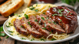 A plate featuring Italian meatloaf with garlic bread and angel hair pasta tossed in olive oil and parsley, styled in a cozy kitchen setting.