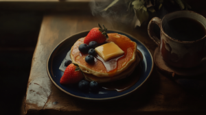 Served Cracker Barrel pancakes with butter, syrup, and fresh berries on a rustic breakfast table.