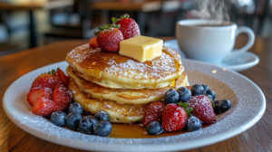 Served Cracker Barrel pancakes with syrup, butter, and fresh berries.