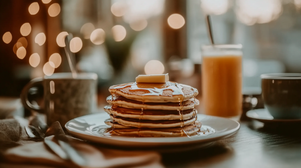 Stack of fluffy pancakes with syrup and butter served in a cozy restaurant setting.