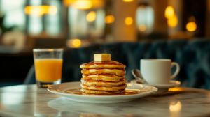 Stack of fluffy pancakes with syrup and butter served in a cozy restaurant setting.