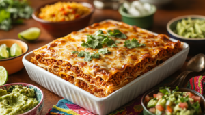 A beautifully set dinner table featuring a large, cheesy taco lasagna as the centerpiece, surrounded by bowls of vibrant Mexican sides like cilantro lime rice, guacamole, and elote. The table is decorated with colorful napkins, lime wedges, and fresh cilantro sprigs, creating a warm and inviting atmosphere. 