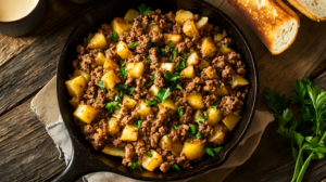 Ground beef and potato hash in a skillet with fresh parsley garnish.