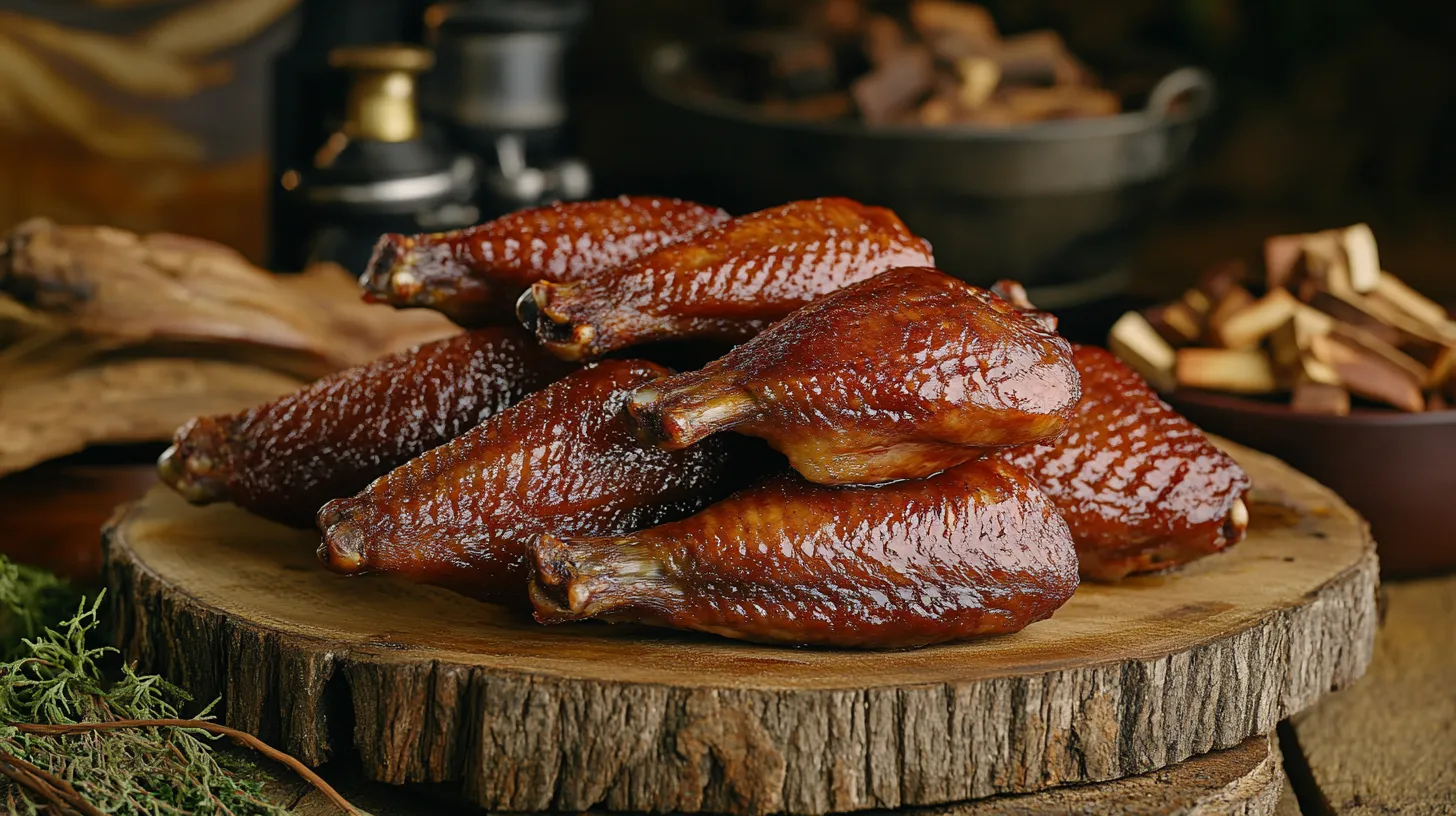 Golden, crispy smoked turkey wings on a rustic wooden platter, surrounded by wood chips and seasoning ingredients.