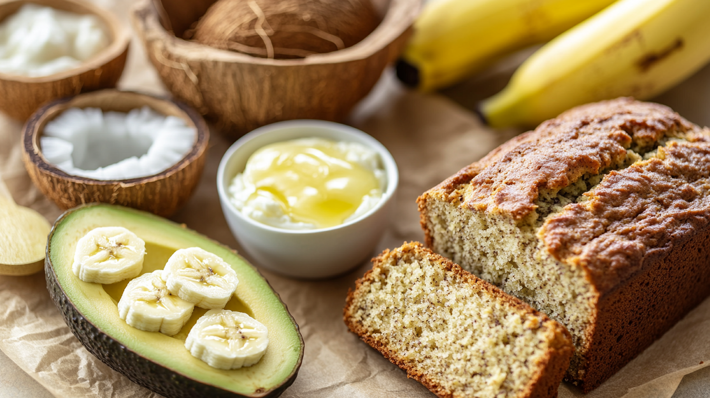 A close-up of different butter substitutes--avocados, Greek yogurt, and coconut oil--next to a freshly baked loaf of banana bread. This image should showcase the versatility of the substitutes in a warm, inviting kitchen setting