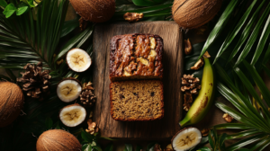 freshly baked banana bread, sliced to reveal its moist interior, surrounded by tropical decorations like palm leaves or coconuts.