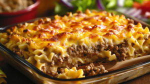 Close-up of a baked ground beef and noodles casserole with golden cheese.