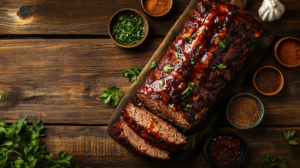 A delicious homemade meatloaf fresh out of the oven, placed on a rustic wooden table. The meatloaf is sliced to reveal its juicy interior and topped with a glossy glaze. Surround it with small bowls of seasoning ingredients like garlic powder, parsley, and paprika, emphasizing its comforting and classic appeal. Soft, warm lighting enhances the cozy atmosphere. —ar 16:9 --iw 3