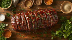 A delicious homemade meatloaf fresh out of the oven, placed on a rustic wooden table. The meatloaf is sliced to reveal its juicy interior and topped with a glossy glaze. Surround it with small bowls of seasoning ingredients like garlic powder, parsley, and paprika, emphasizing its comforting and classic appeal. Soft, warm lighting enhances the cozy atmosphere.