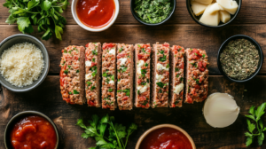 A flat-lay of ingredient substitutions for Italian meatloaf, including gluten-free breadcrumbs, plant-based mozzarella, and ground turkey, arranged neatly on a wooden table with small bowls of herbs and marinara sauce