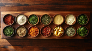 Classic meatloaf seasoning ingredients, including garlic powder, onion powder, paprika, dried parsley, oregano, thyme, salt, and black pepper.