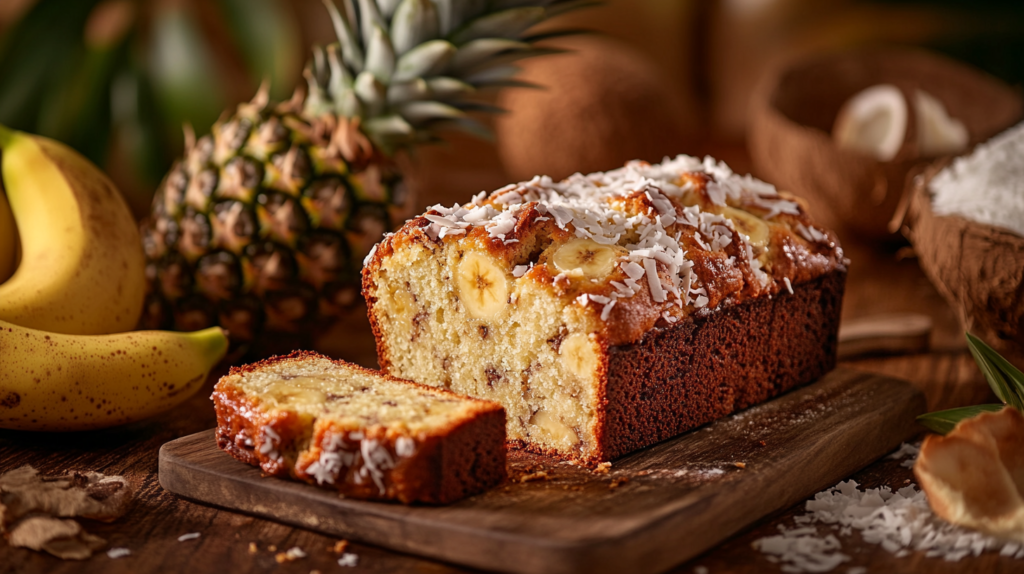 Freshly baked Maui-style banana bread, sliced to show a moist and flavorful interior, surrounded by tropical fruits like bananas and coconut flakes.