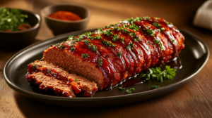 A warm, comforting scene featuring a freshly baked meatloaf with a golden-brown crust, surrounded by small bowls of seasoning ingredients like paprika, garlic powder, and Italian herbs. The dish is placed on a rustic wooden table, with soft natural light highlighting its texture and aroma.