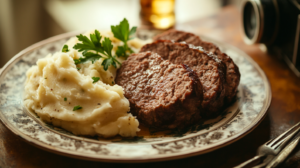 Kidney-friendly meatloaf slices with mashed parsnips and parsley on a vintage plate.