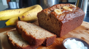 A loaf of butter-free banana bread sliced on a wooden cutting board, surrounded by key ingredients like bananas and coconut oil.