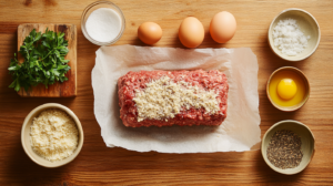 Ingredients for kidney-friendly ground beef meatloaf arranged on a rustic wooden countertop.