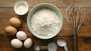 Ingredients for Cracker Barrel pancakes, including flour, buttermilk, eggs, and sugar