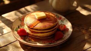 Serving of fluffy pancakes without eggs with butter, syrup, and strawberries.