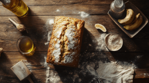 A simple, inviting photo of a freshly baked butter-free banana bread loaf, sliced to show its moist and tender texture. The loaf is placed on a rustic wooden table with key ingredients like ripe bananas, a small bottle of oil, and a bowl of flour surrounding it. Warm, natural lighting creates a cozy, homemade vibe, emphasizing the health-conscious, butter-free recipe.