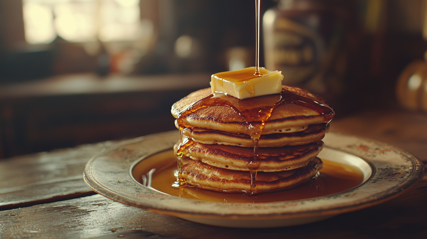 Homemade Cracker Barrel pancakes stacked with butter and syrup on a rustic plate.