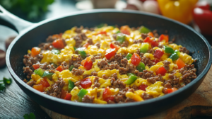 Savory breakfast scramble with ground beef, eggs, bell peppers, and melted cheese.