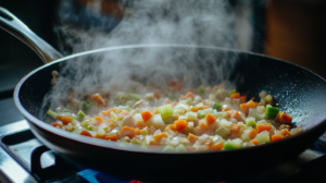 A skillet with sautéed onions, carrots, celery, and garlic in olive oil, steaming and ready to mix into the meatloaf