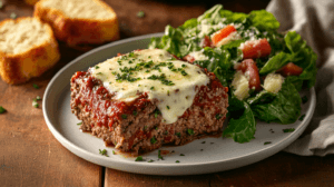 A slice of Italian meatloaf topped with melted mozzarella and fresh basil, served on a white plate with garlic bread and Caesar salad