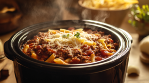 Layered ingredients for a slow-cooked pasta dish, ready to cook in a slow cooker.