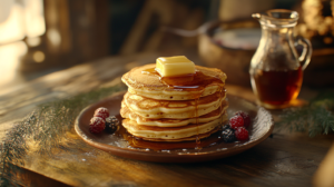 Stack of fluffy homemade Cracker Barrel pancakes with butter and maple syrup.