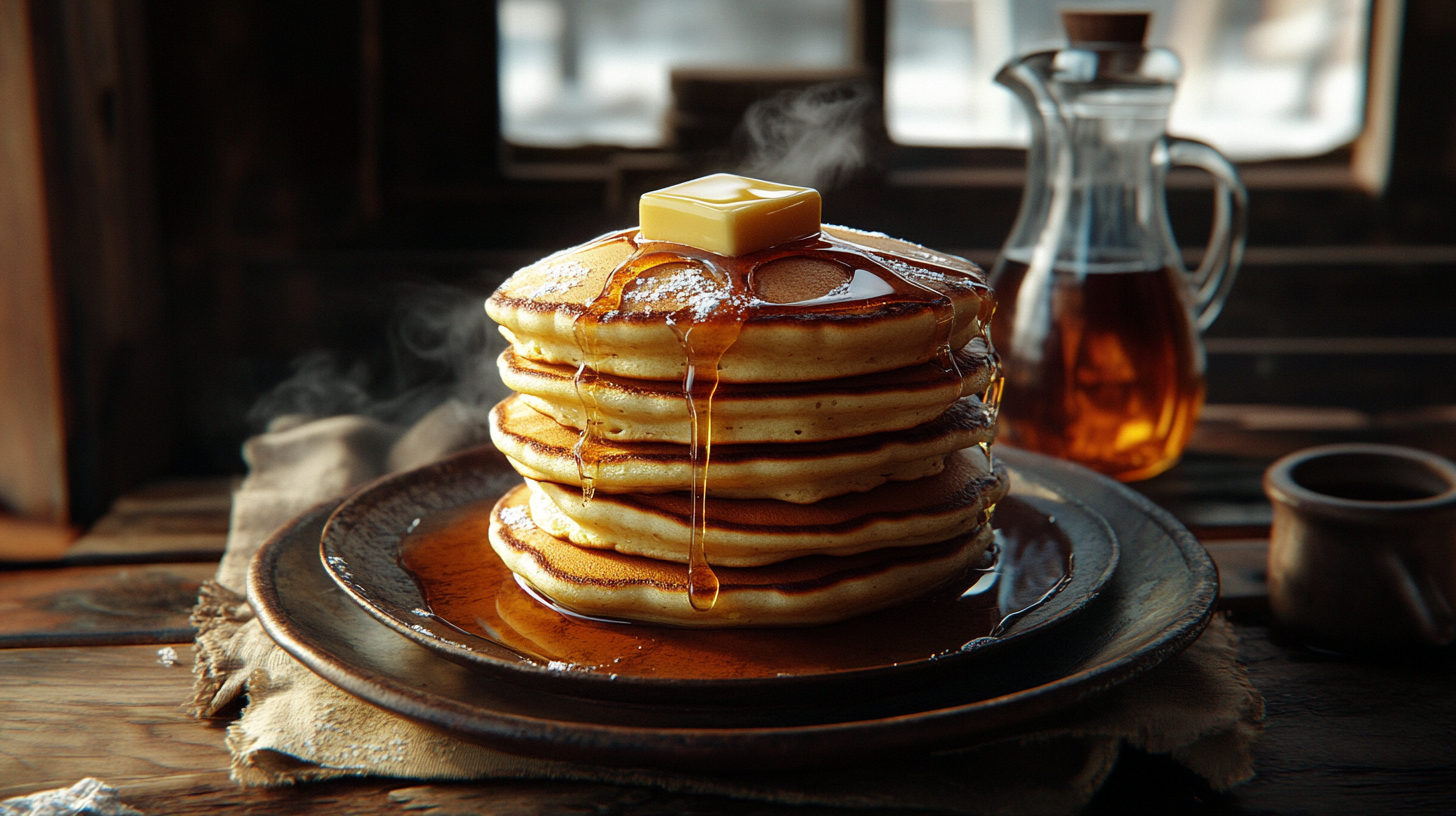 Fluffy Cracker Barrel pancakes stacked with syrup and butter on a rustic plate.