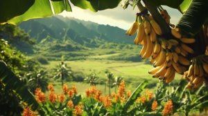 Hawaiian apple bananas hanging on a tree, with the lush green backdrop of Maui’s tropical landscape.