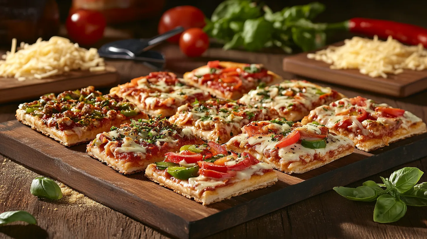 Assorted pizza slices with different toppings and crusts, arranged on a wooden board with fresh ingredients in the background.