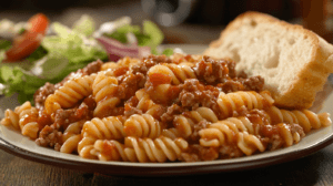 A plate of pasta served with garlic bread and a fresh green salad for a balanced meal.