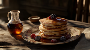 Freshly cooked Cracker Barrel pancakes with syrup and berries on a vintage plate.