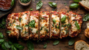 An Italian meatloaf sliced and garnished with melted mozzarella and fresh basil, served with marinara sauce and garlic bread in a cozy setting.