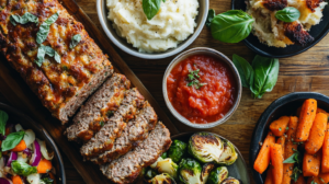 What to eat with Italian meatloaf: A plate featuring Italian meatloaf with roasted sweet potatoes, Caesar salad, and garlic bread.