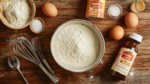 Ingredients for homemade Cracker Barrel pancakes, including flour, buttermilk, eggs, and sugar