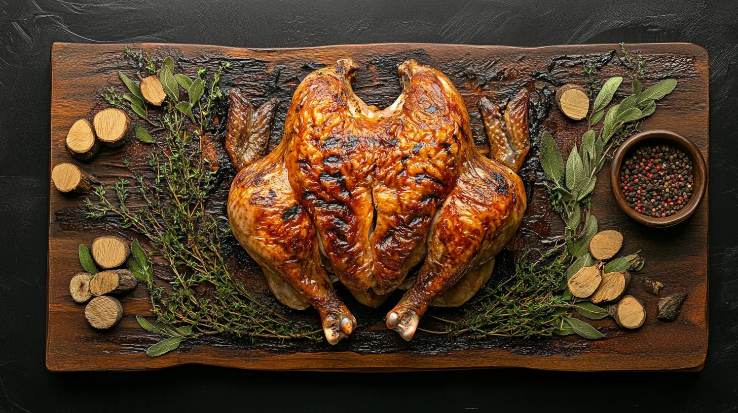 A perfectly smoked spatchcock chicken with golden, crispy skin resting on a rustic cutting board. The chicken's juicy interior is visible, surrounded by wood chips and a smoker in the background, evoking warmth and deliciousness.