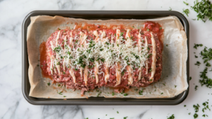 An uncooked Italian meatloaf topped with marinara sauce and shredded mozzarella, shaped on a baking tray lined with parchment paper